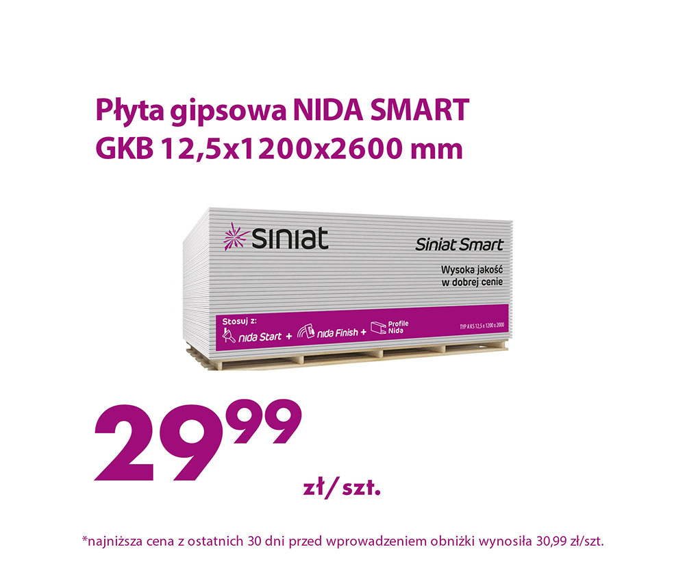 Płyta gipsowa NIDA SMART zwykła GKB 12,5x1200x2600 mm